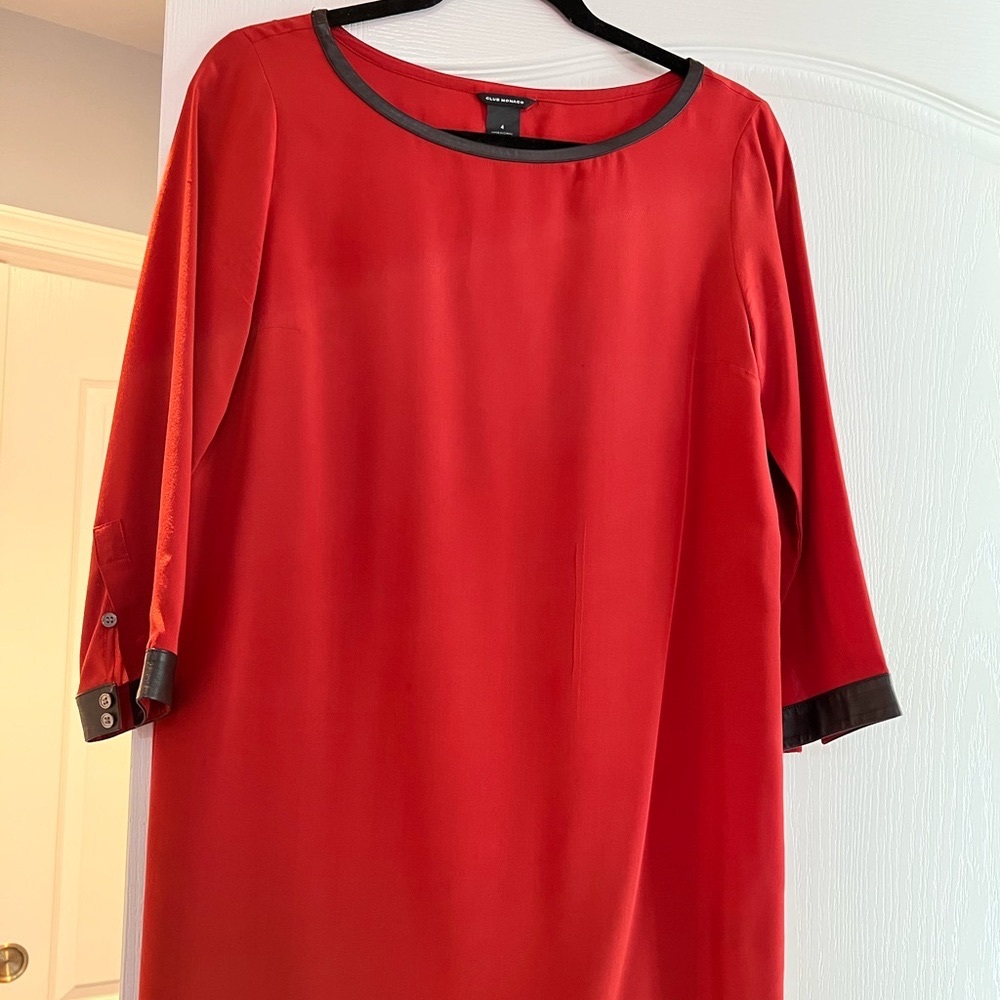 Beautiful coral color Long shirt dress. Pull on style. 100% silk & leather trim.